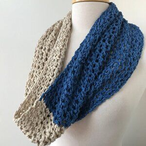 Hand Knit Two-Tone Infinity Scarf: Blue & Cream Bamboo Cotton Snood